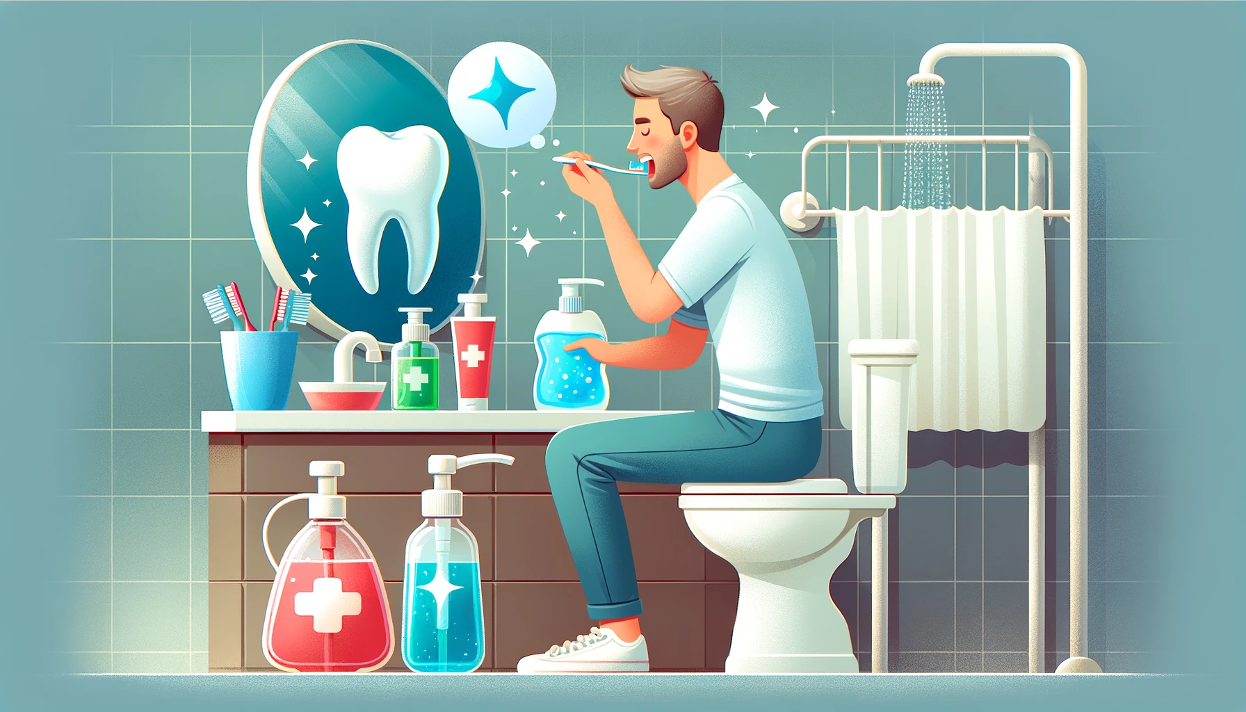 Bilde av person som praktiserer munnhygiene etter rotfylling, med tannpleieprodukter