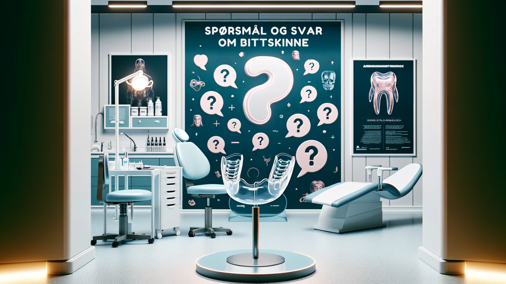 Moderne tannlegekontor med utstillingsmodell av bittskinne og informative plakater.
