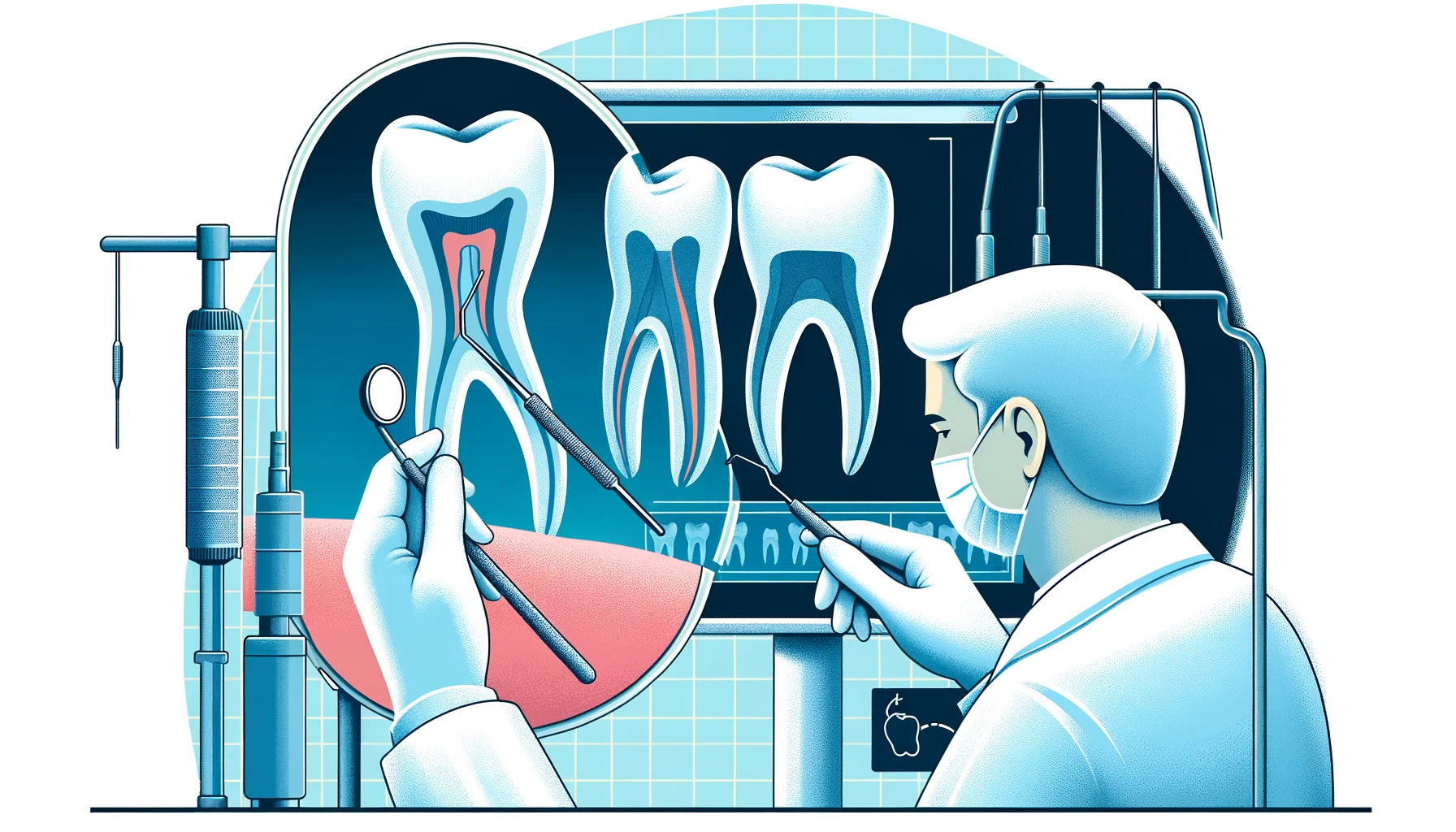 Initial undersøkelse for rotfylling med tannlege, røntgenbilde og undersøkelsesverktøy                                                                    rotfylt tann