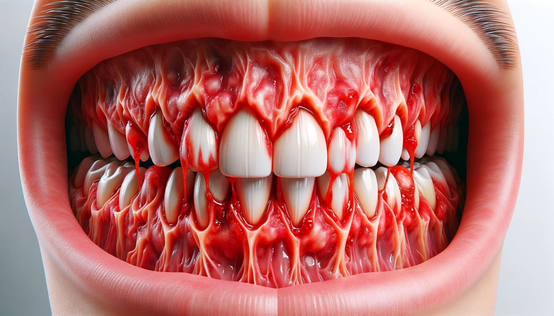 Bilde av symptomer på periodontitt, viser betente og blødende tannkjøtt