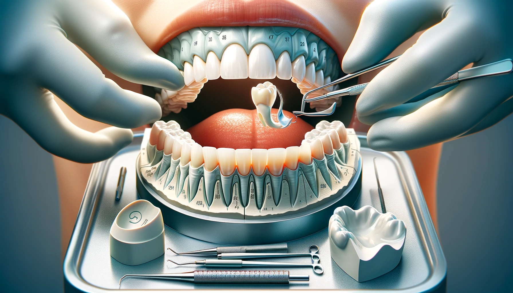 Illustrasjon av prosessen med å få en tannprotese, viser trinn fra undersøkelse til tilpasning
