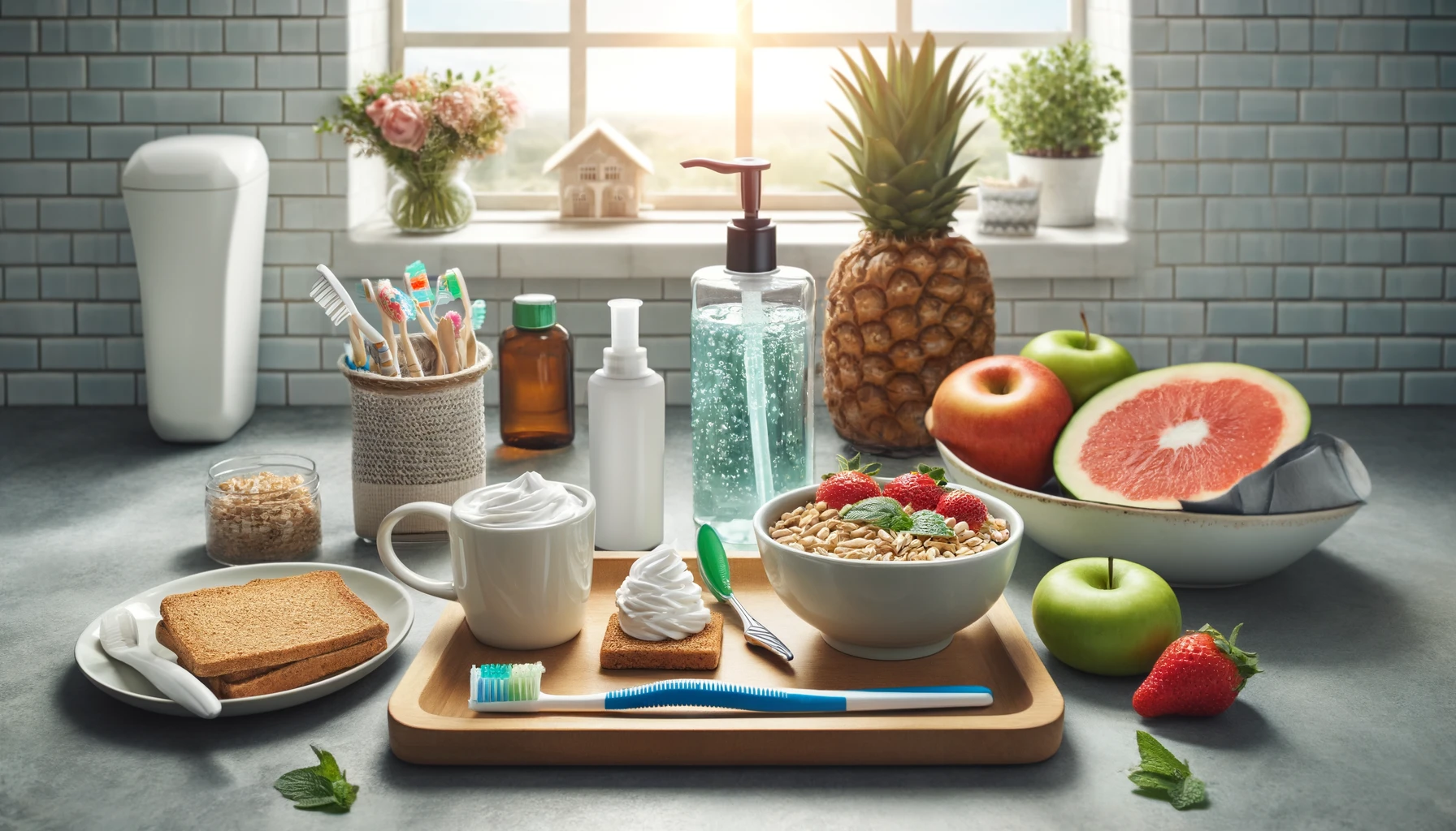 Inspirasjonsbilde for gode vaner mot tannstein med frokost og tannpleie