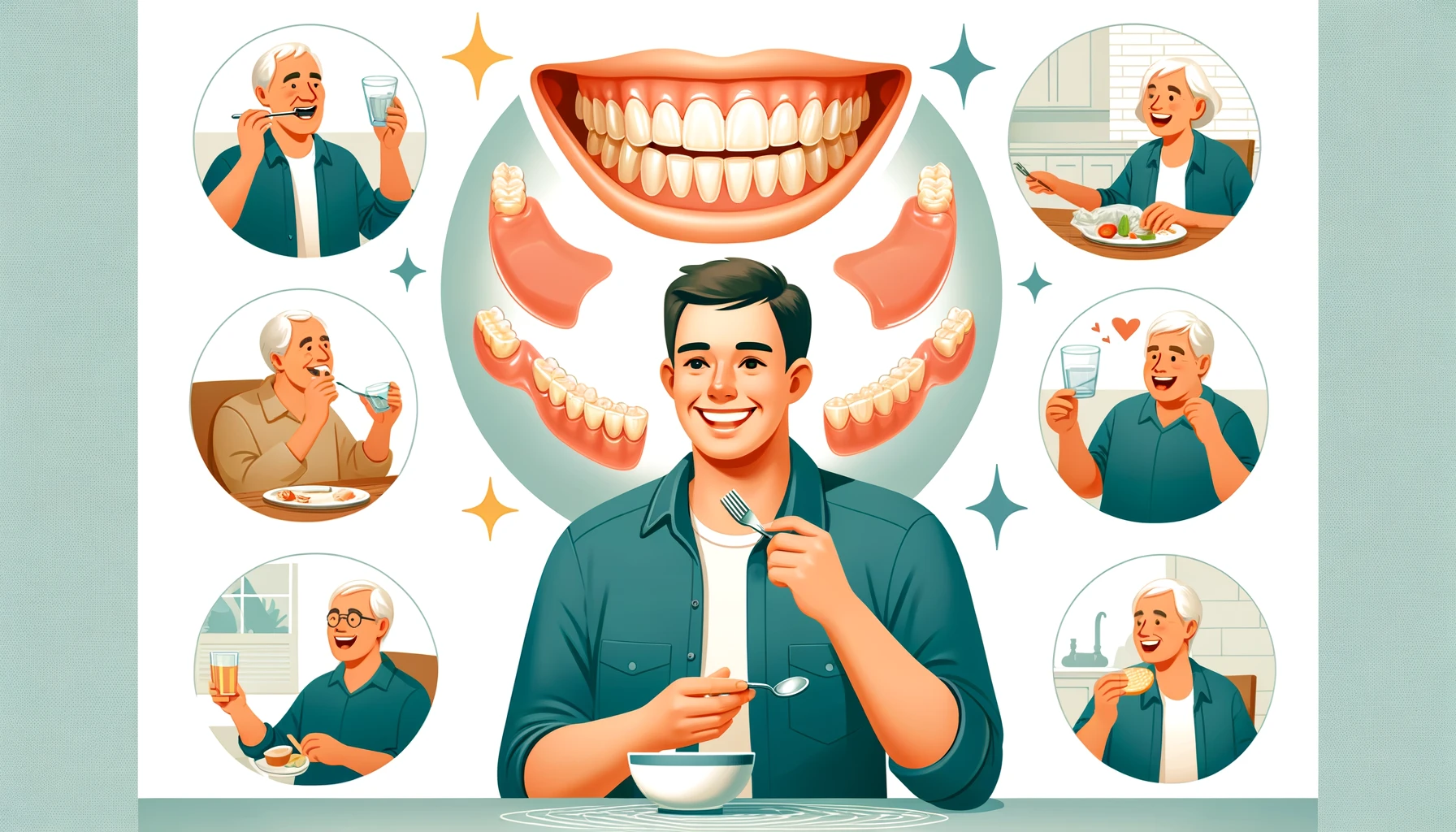 Fordeler med tannproteser: glad person spiser, snakker og smiler med proteser