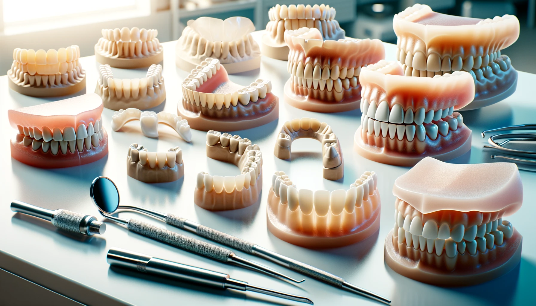 Bilde av ulike typer tannproteser, inkludert helproteser, delproteser og broer