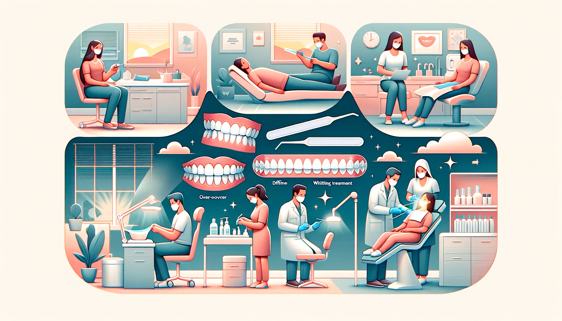 Illustrasjon av tannblekingstyper med fordeler og ulemper, inkludert strips, klinikkbehandling, og hjemmekit                                          bleking av tenner 