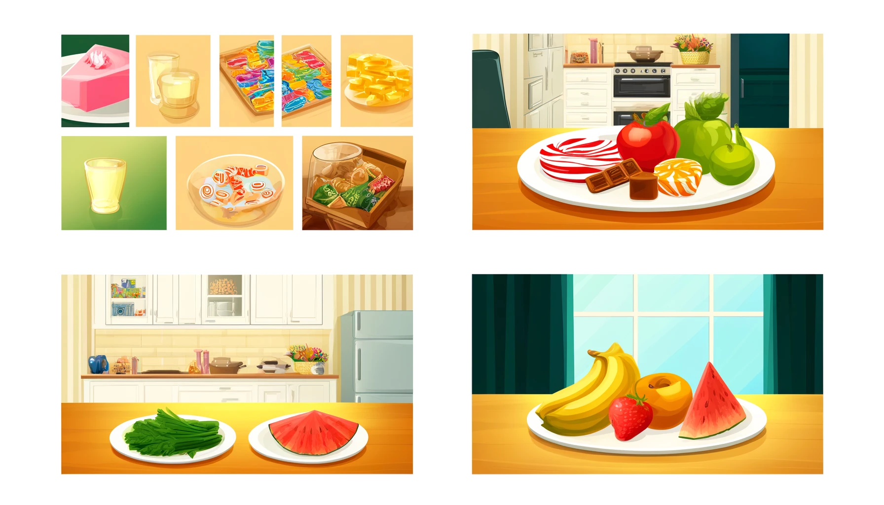 Visuell guide som viser unngåelse av hard og klissete mat, med frukt og grønnsaker som alternativer