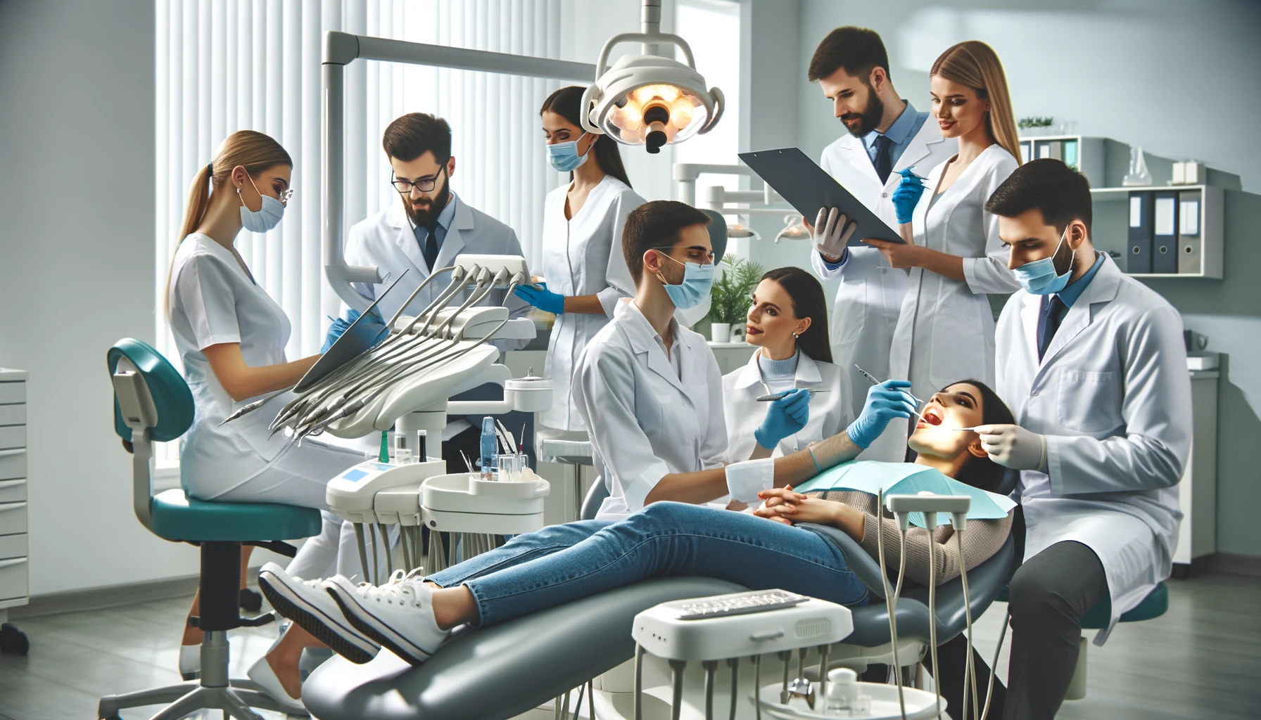 En tannlegekontor scene med et mangfoldig team som behandler ulike tannproblemer med avansert utstyr og et samarbeidsmiljø