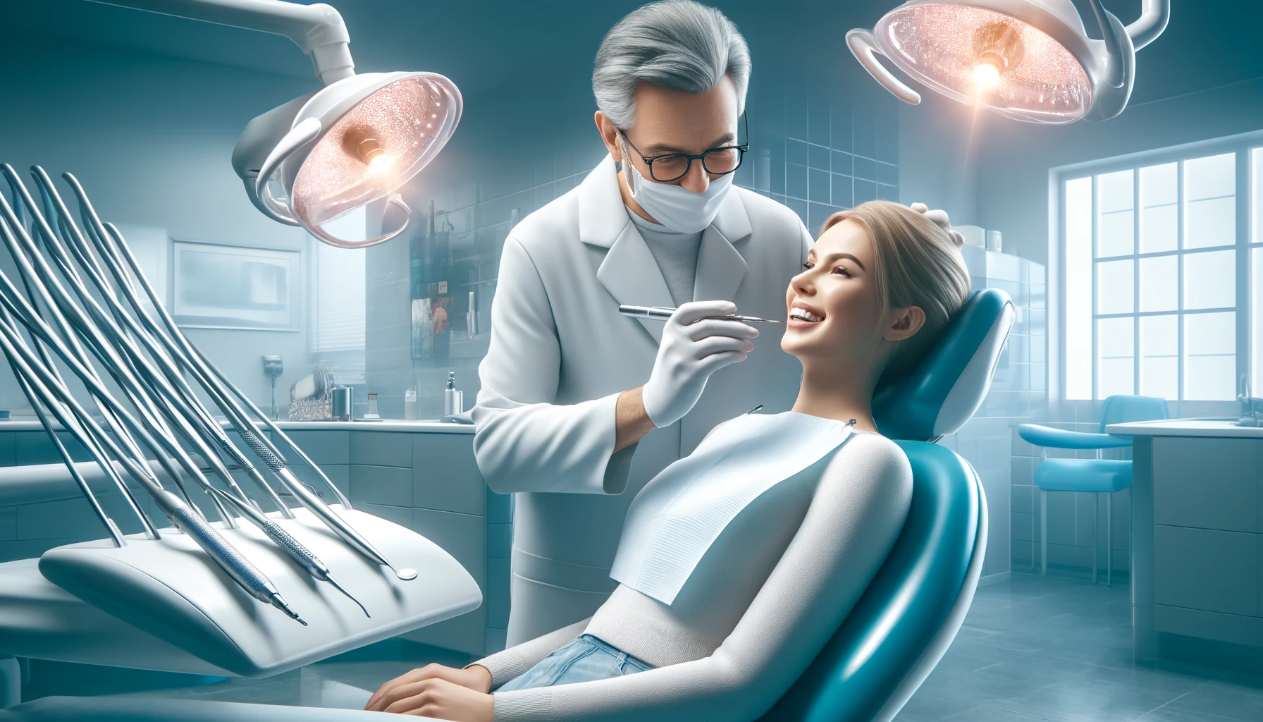 Tannlege utfører kald- og varmebehandling på pasient i moderne tannlegekontor, med ulike dentalinstrumenter synlige tannen må redde tannen tannen rotfylles