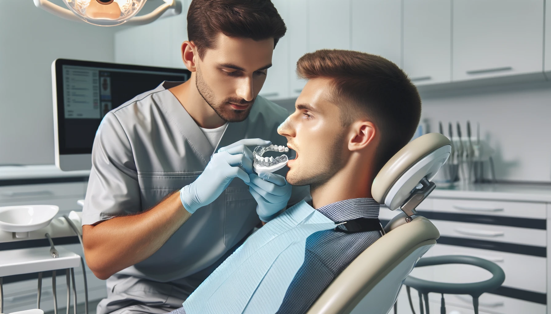 Tannlege justerer en tanninnretning for en pasient i en moderne tannklinikk, uten tekst 