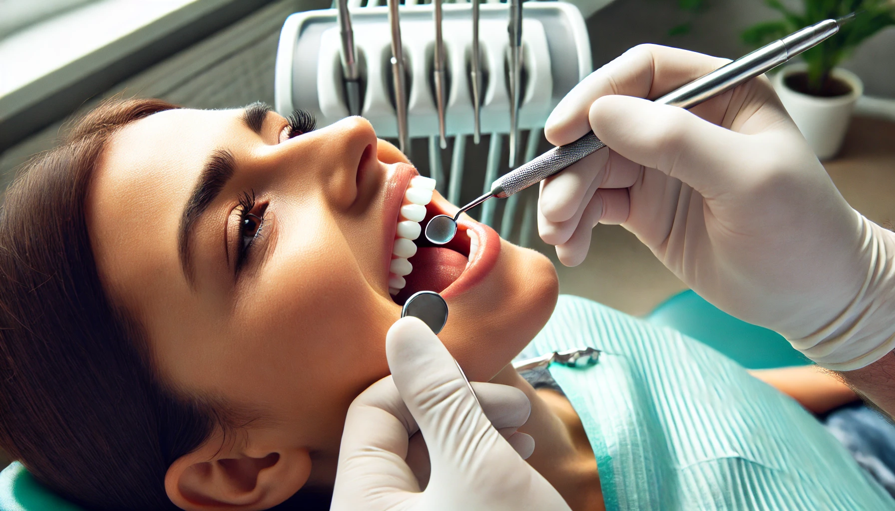 Tannlege fjerner tannstein med skaleringsverktøy på pasient i tannlegestol. Tannlegekontor i bakgrunnen