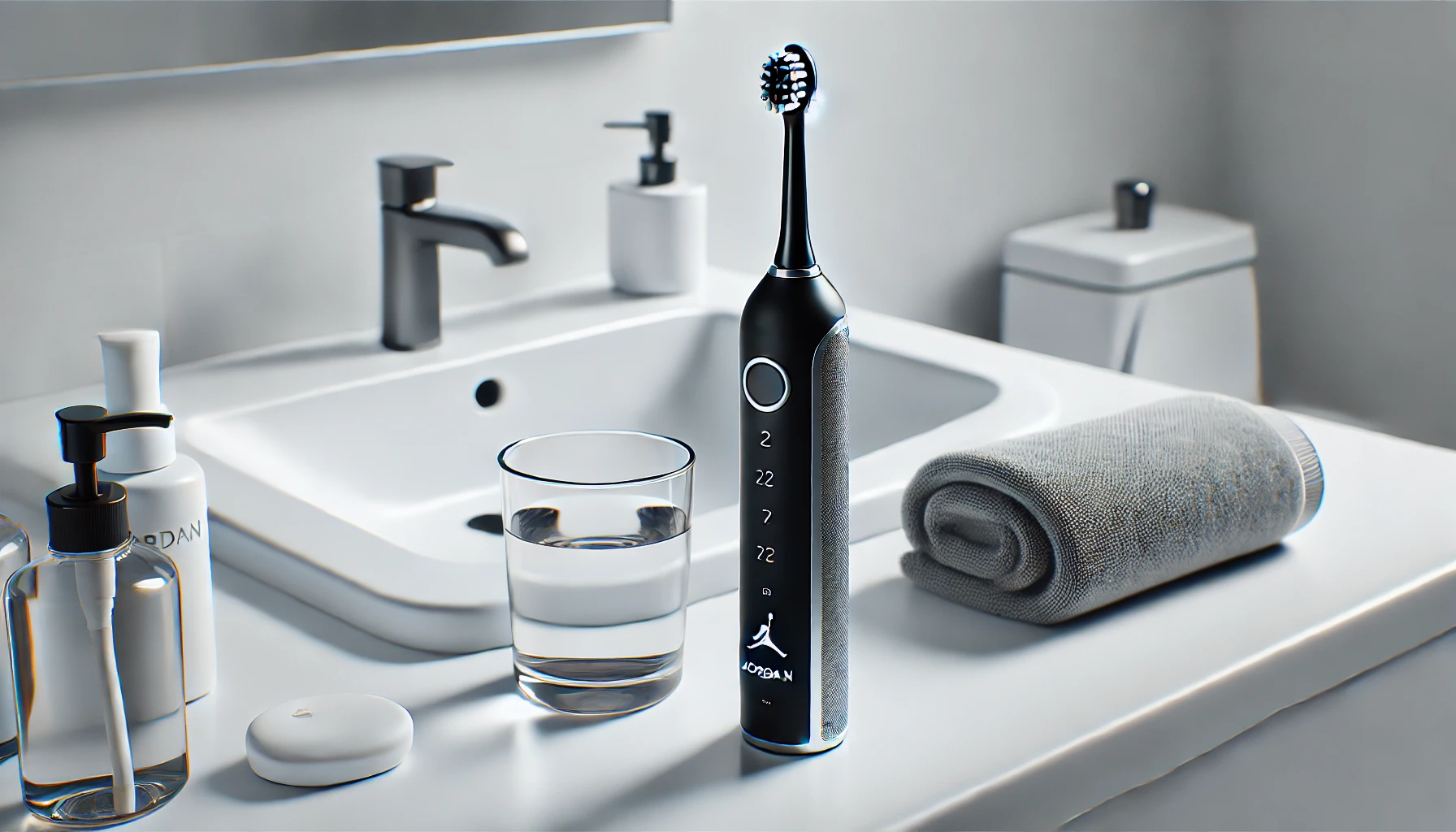 En moderne elektrisk tannbørste fra Jordan plassert på en ren baderomsbenk med minimalistisk innredning