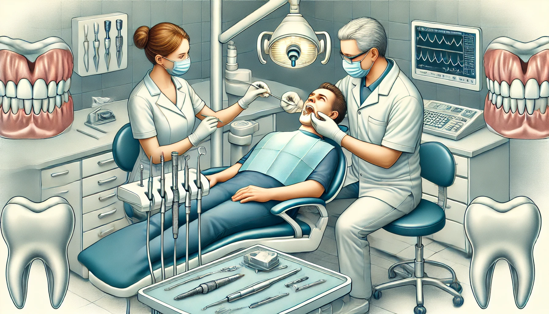 Illustrasjon av prosessen med å få tannimplantater i en tannlegekontor