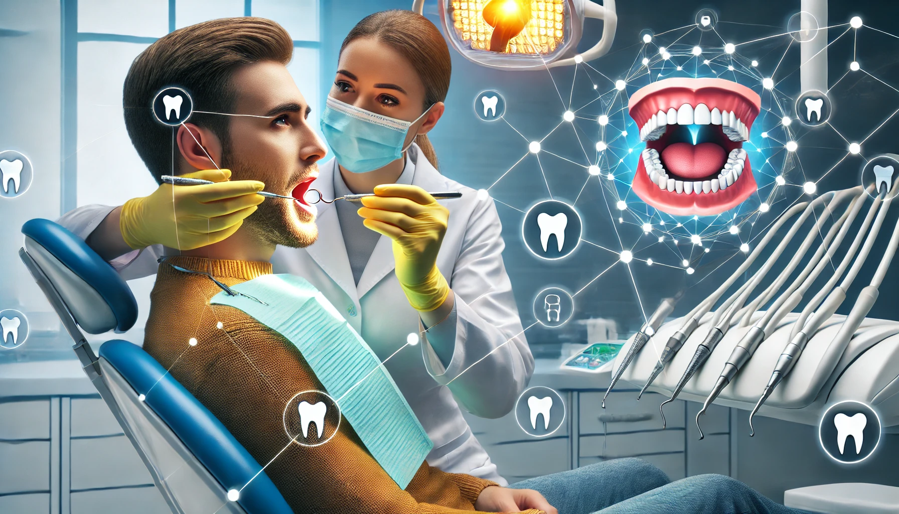 Tannlege utfører oral helseundersøkelse på en pasient, fremhever sammenhengen mellom oral helse og generell helse