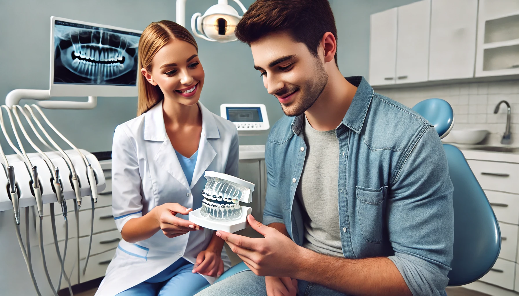 Pasient og tannlege ser på modell av usynlig tannregulering.
