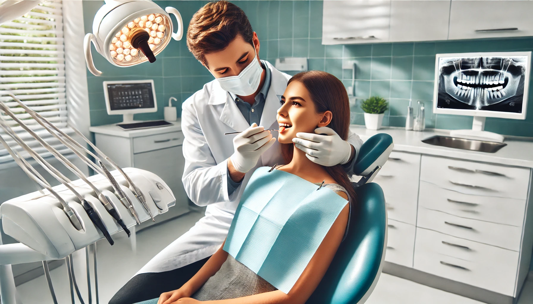 Tannlege utfører en oral helseundersøkelse på en pasient i en moderne tannklinikk