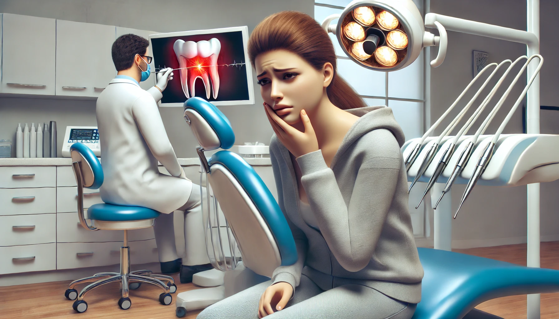 En person med tannverk holder kinnet sitt i en moderne tannklinikk, med en tannlege klar til å gi akutt behandling