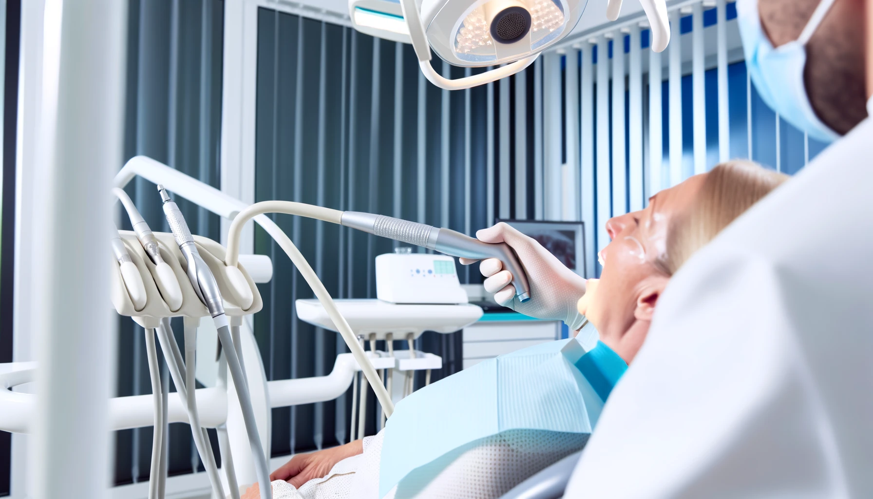 Moderne tannrensing med Airflow-teknikk i en tannklinikk
