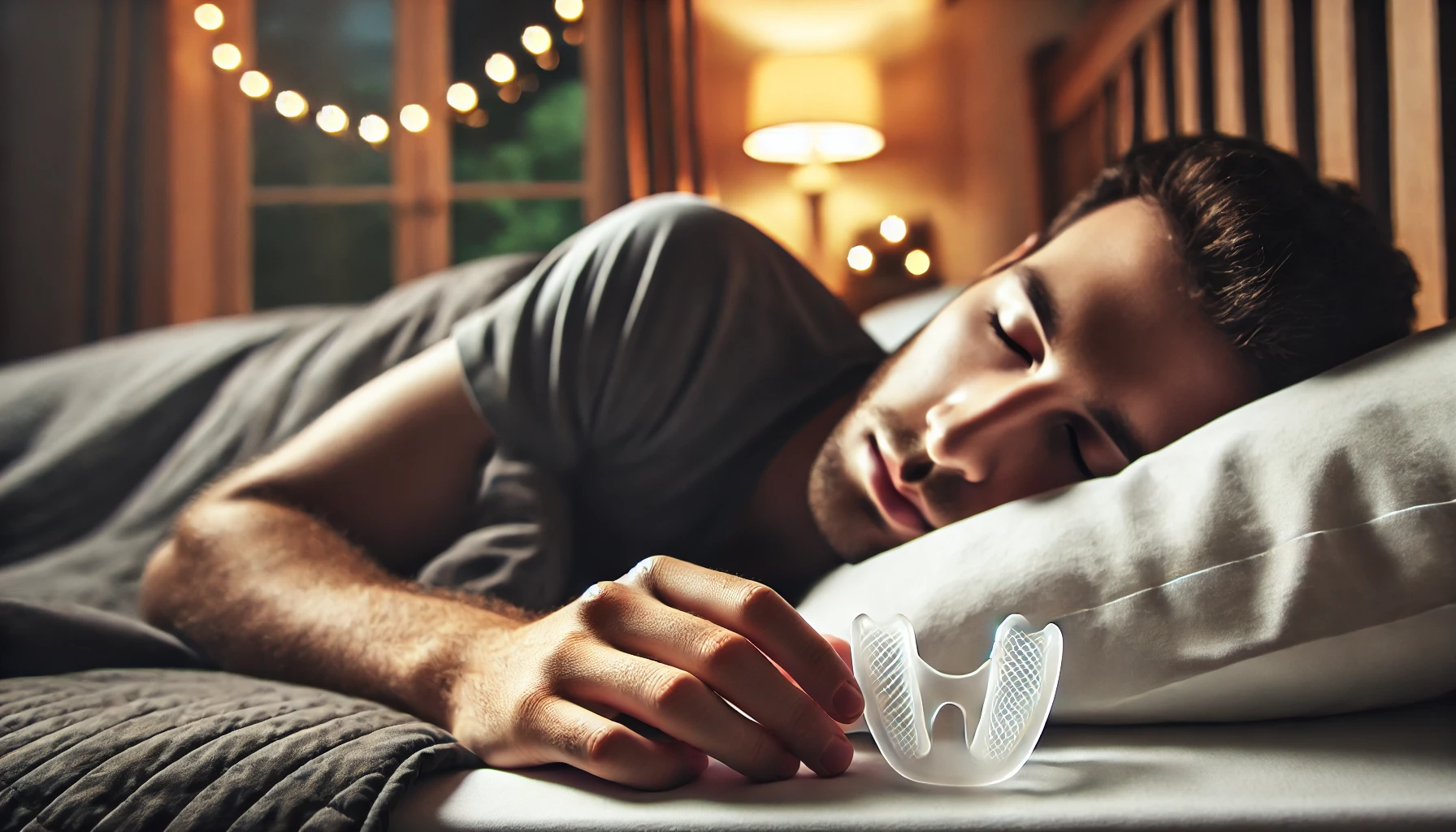 En person som sover fredelig med en liten, diskret anti-snorking munnbeskytter synlig i et koselig soverom med myk belysning