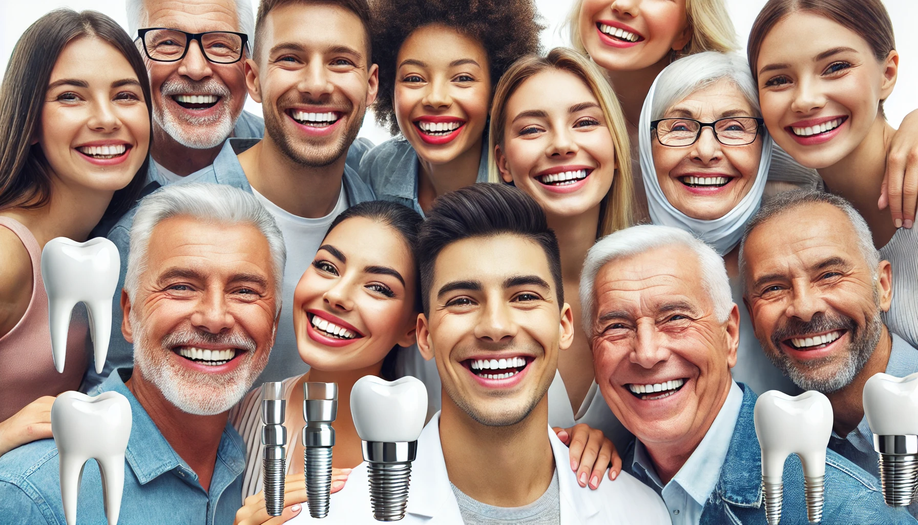 Gruppe med forskjellige mennesker smiler med tannimplantater, viser glede og selvtillit
