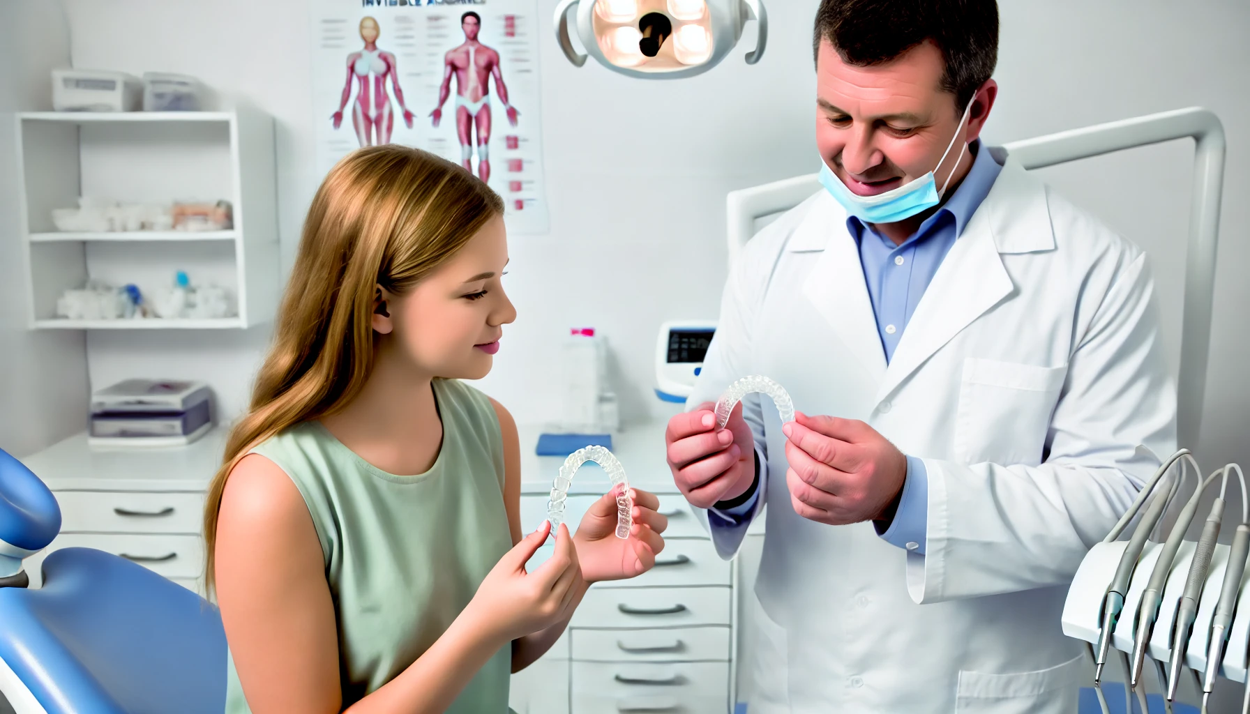 Voksen diskuterer usynlig tannregulering med tannlege i moderne kontor.