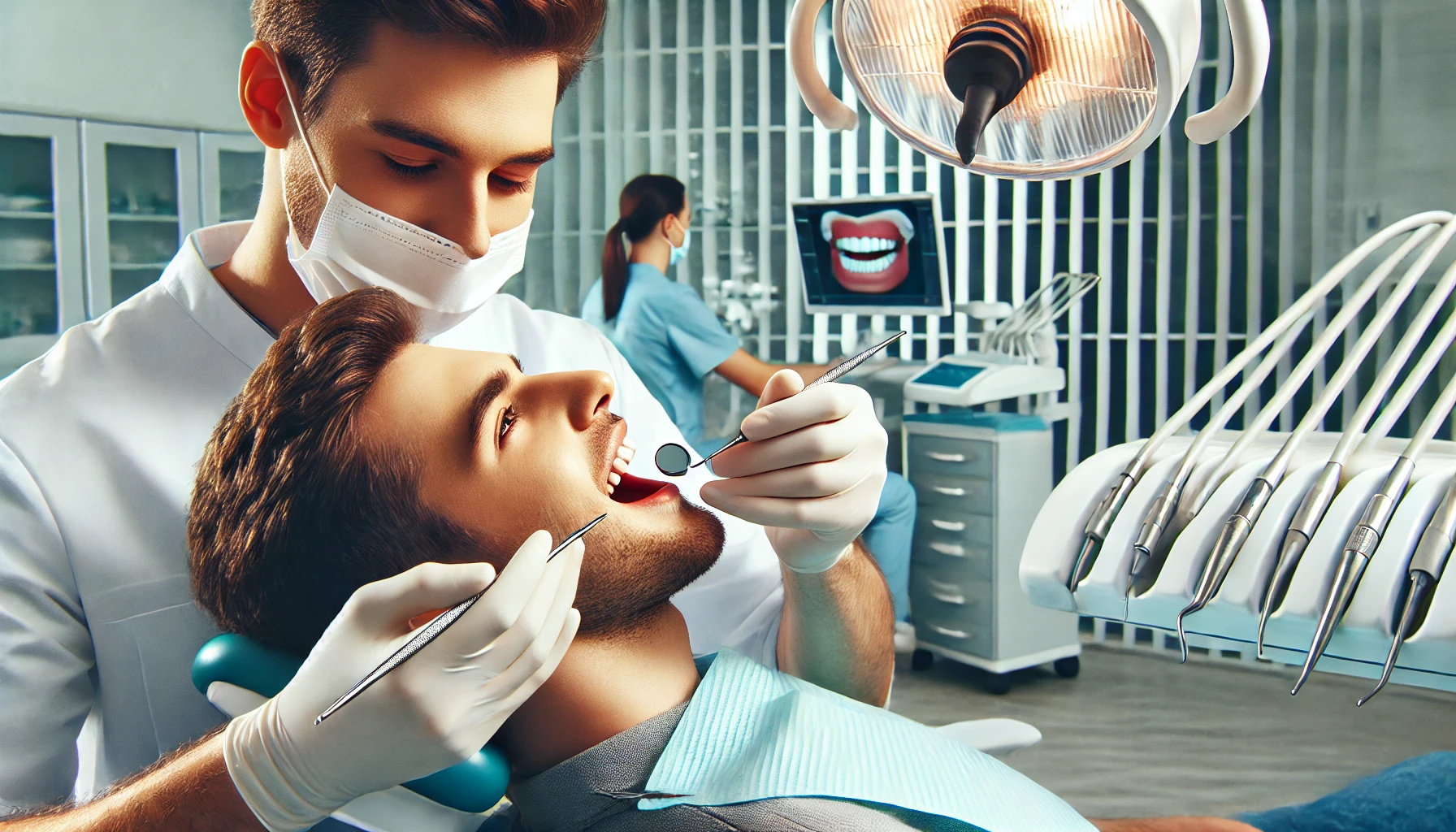 Tannlege utfører en omfattende oral helseundersøkelse på en pasient i en moderne og godt opplyst tannklinikk