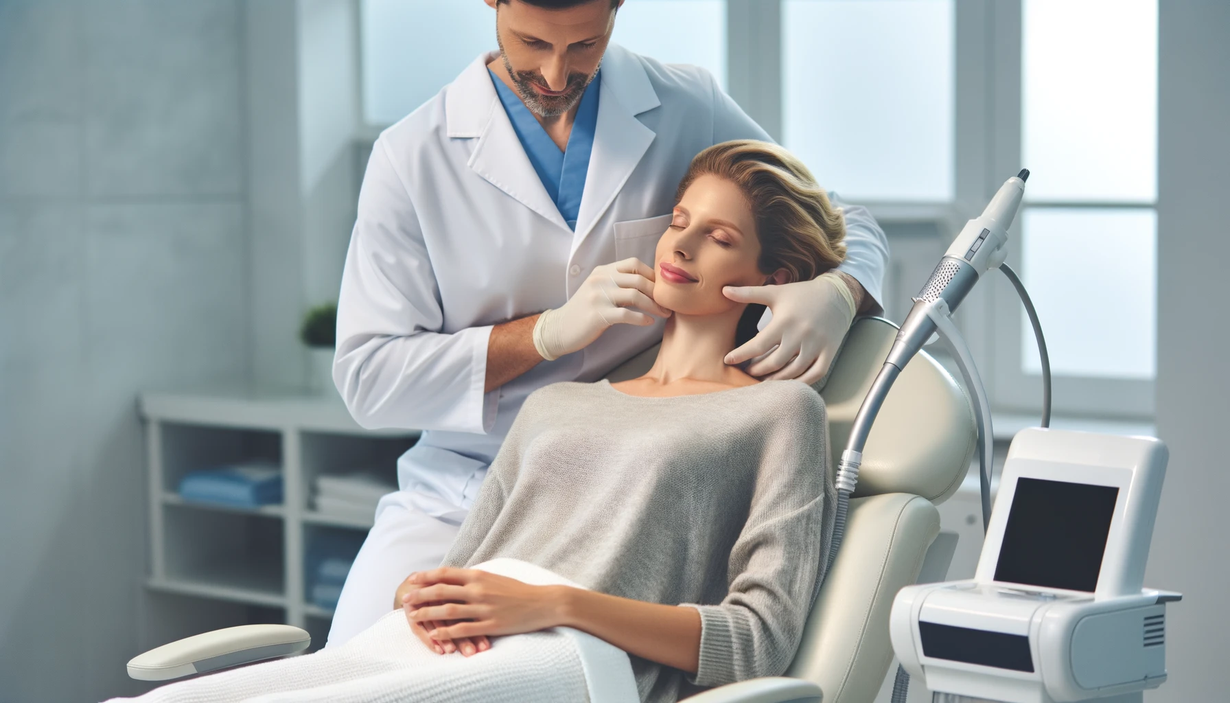 Helsepersonell gir skånsom og smertefri behandling til pasient i moderne klinikk - massasje og airflow tannrens
