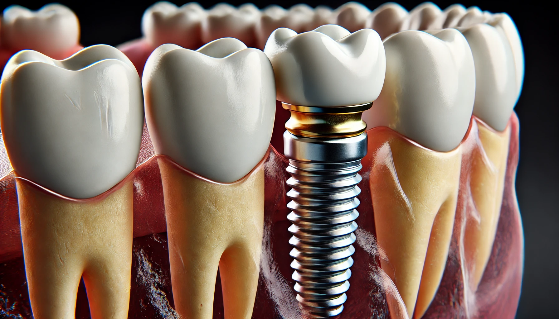 Detaljert bilde av et tannimplantat i menneskelig kjeve, viser titan skruen og keramisk krone