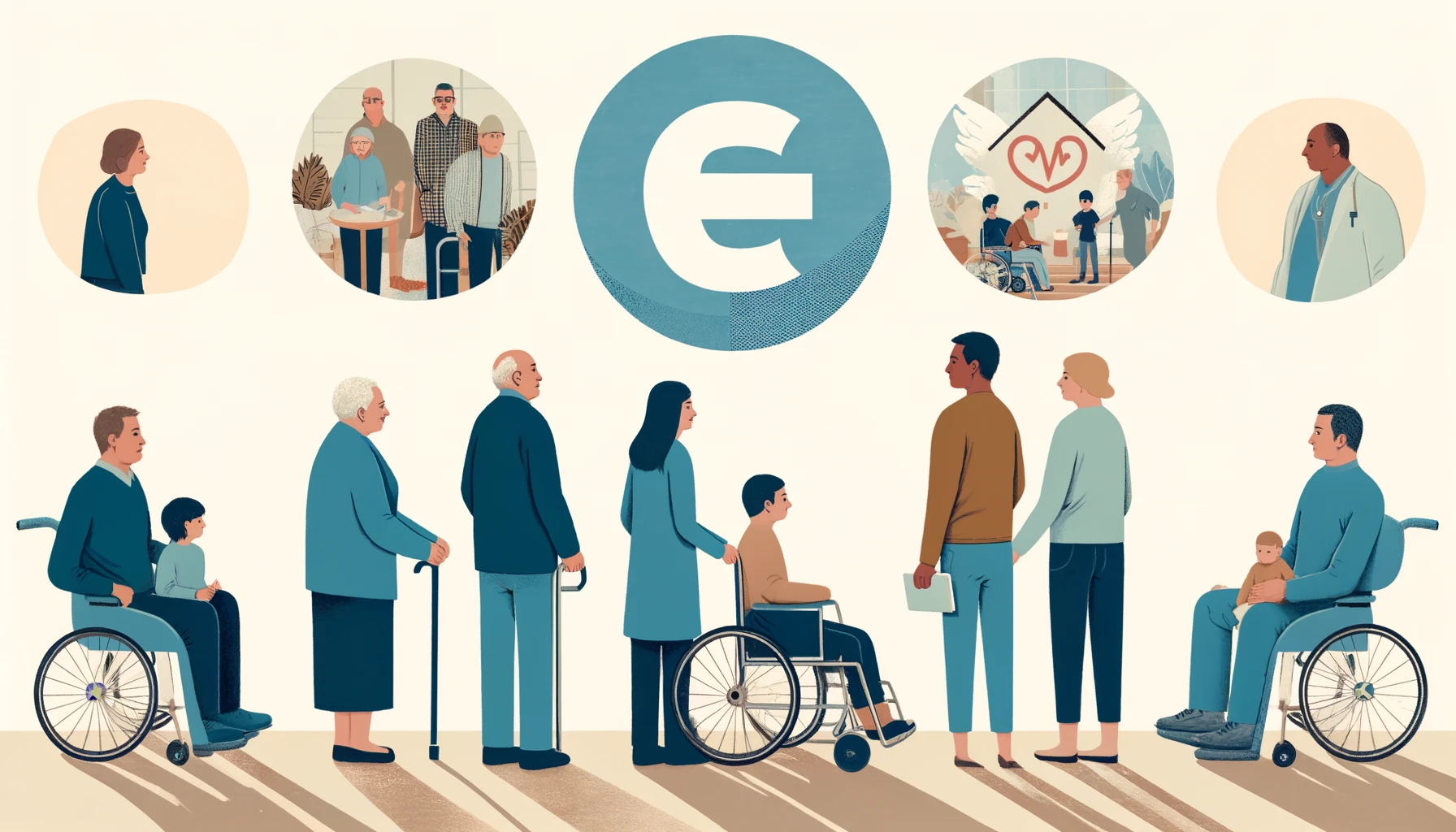 Illustrasjon av ulike personer som symboliserer mottakere av støtte fra Helfo, inkludert eldre og barn sykdommer og anomalier