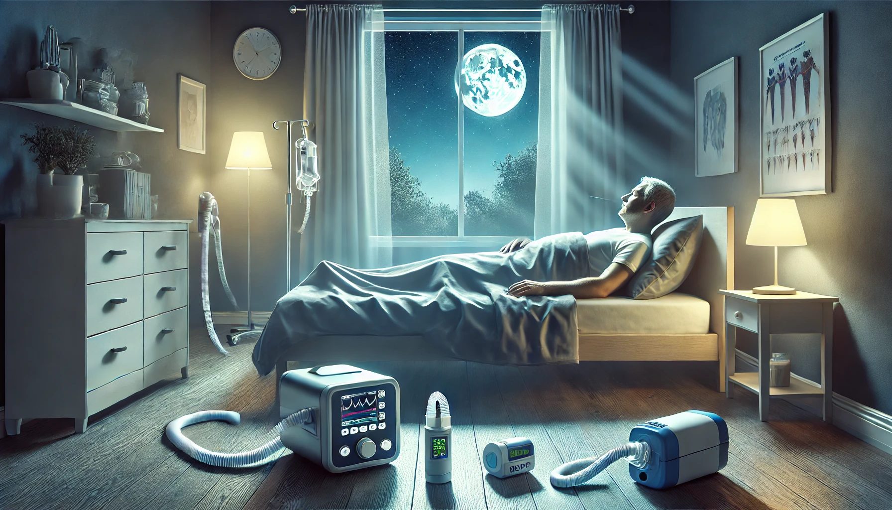 Bilde av en mann som sover med CPAP-maskin for å illustrere obstruktiv søvnapné pustestopp per time per time søvnapné hos hos voksne økt risiko nese og munn minst 10 sekunder diabetes type 2 pustestopp når de sover store mandler løpet av en natt