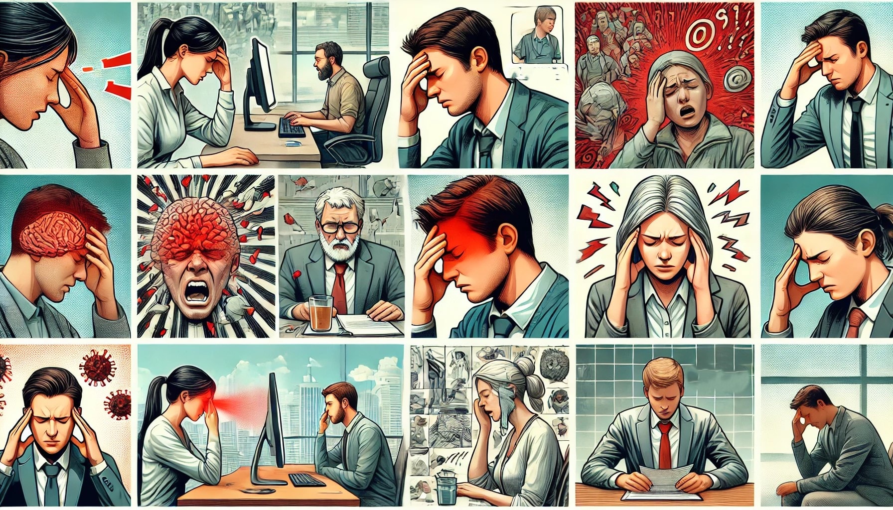 En collage som viser vanlige årsaker til hodepine: stress, dårlig holdning, skjermtid, og bihuleproblemer.