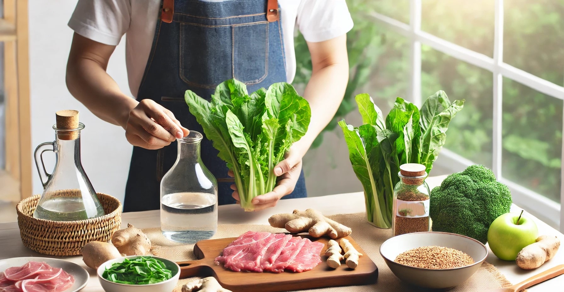 Person som tilbereder et sunt måltid med ingredienser som regulerer produksjon av magesyre: bladgrønnsaker, ingefær, magert kjøtt og fullkorn.
