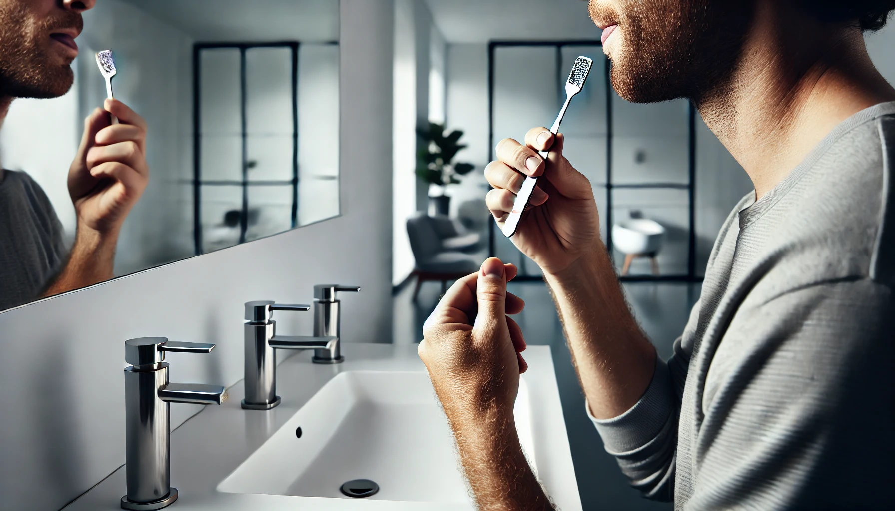 Person som bruker tungeskrape i moderne baderom, fokus på skraping av tungen for å redusere dårlig ånde.