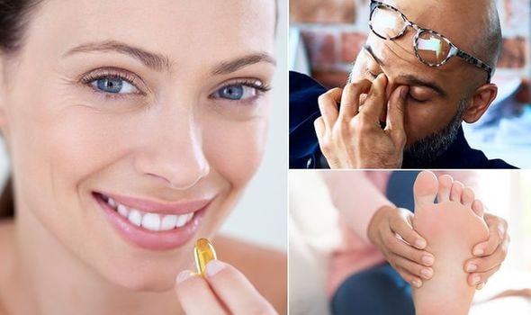 En kvinne tar et vitamin B12-tilskudd, en mann gnir øynene av tretthet, og noen holder en fot som viser tegn på nerveskader