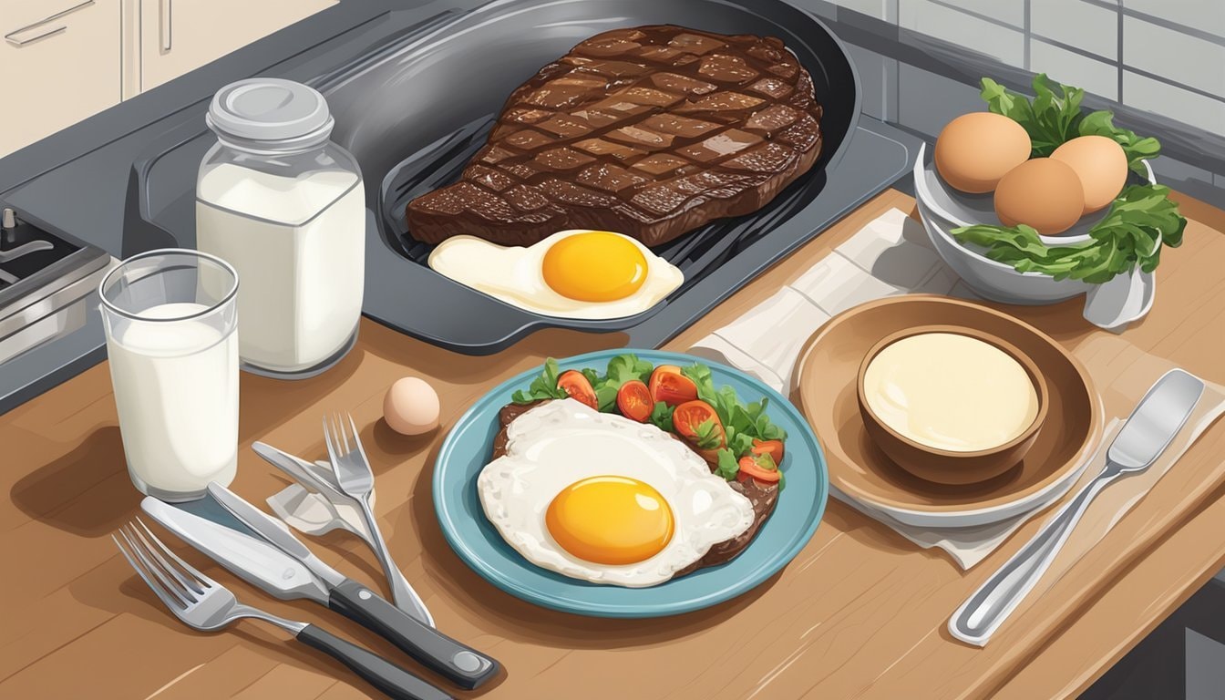 Et måltid med melk, stekt egg, biff, tomatsalat og flere egg i en bolle, plassert på et kjøkkenbord med bestikk
