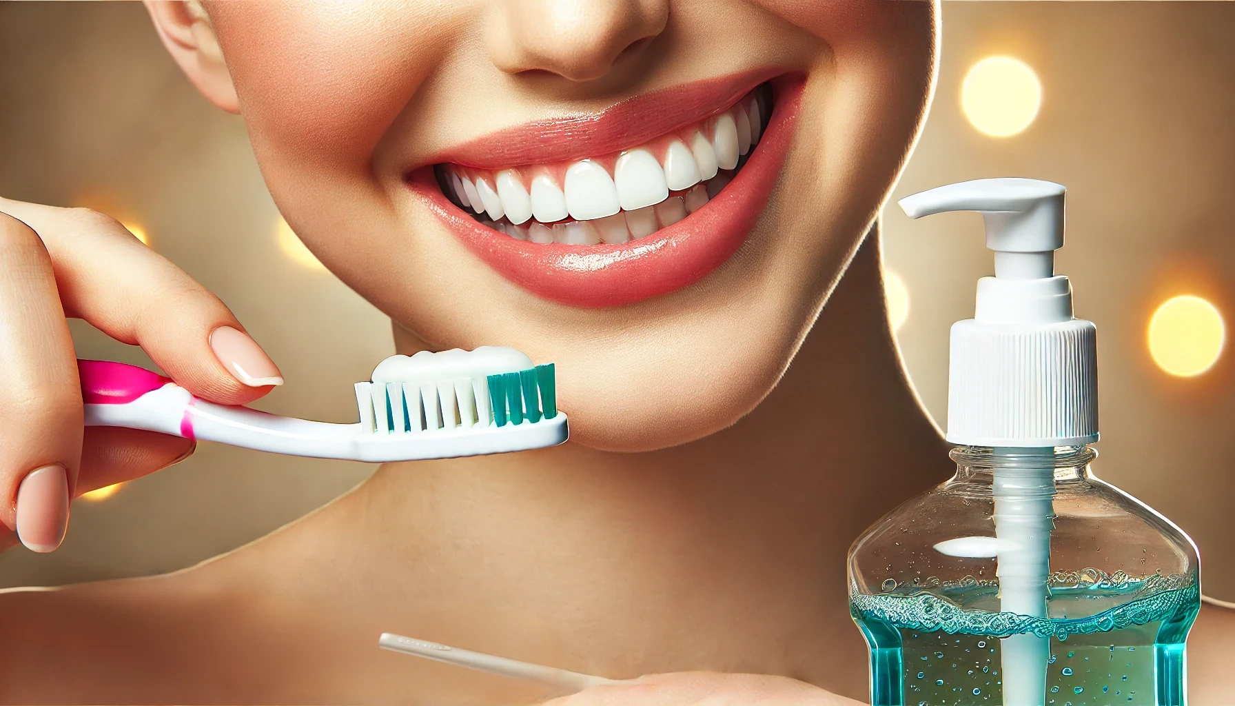 Person med et lyst smil pusser tenner, bruker munnskyllevann og tanntråd.