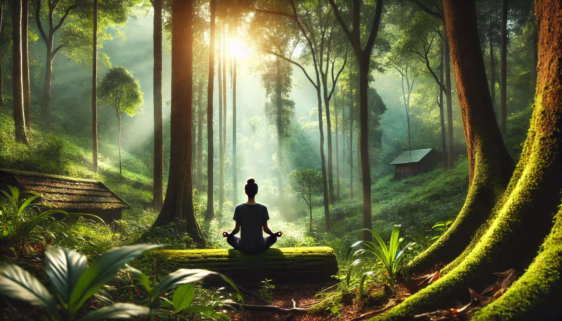Person som mediterer i en fredelig skog med mykt sollys og frodig grøntområde, fremhever naturlige helbredelsesmetoder