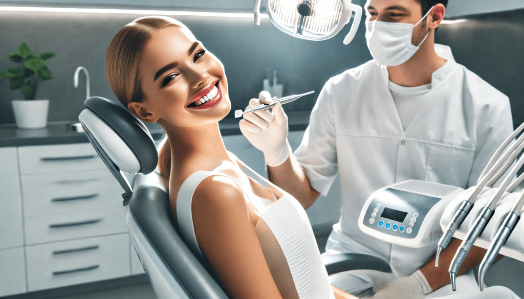 Pasient mottar tannbleking i en moderne klinikk, fremhever et vakkert og hvitt smil."