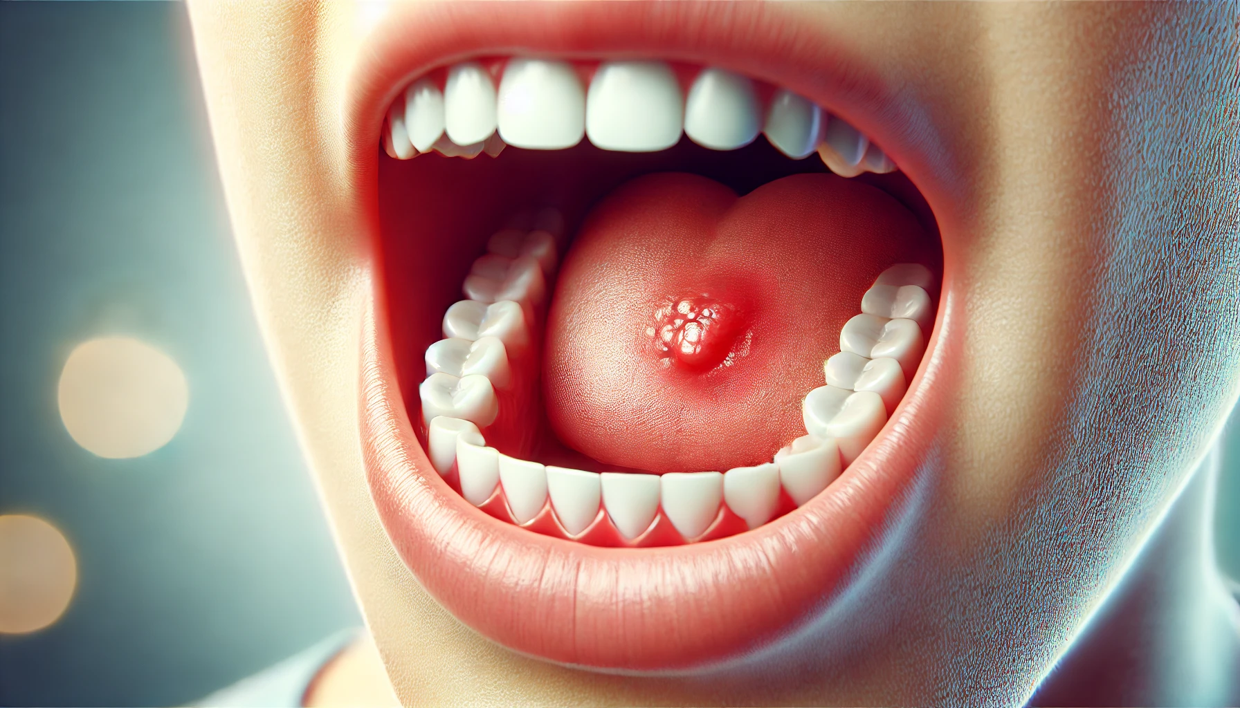 Nærbilde av innsiden av en munn med en liten blemme eller irritasjon på innsiden av kinnet, med en klinisk og opplysende bakgrunn