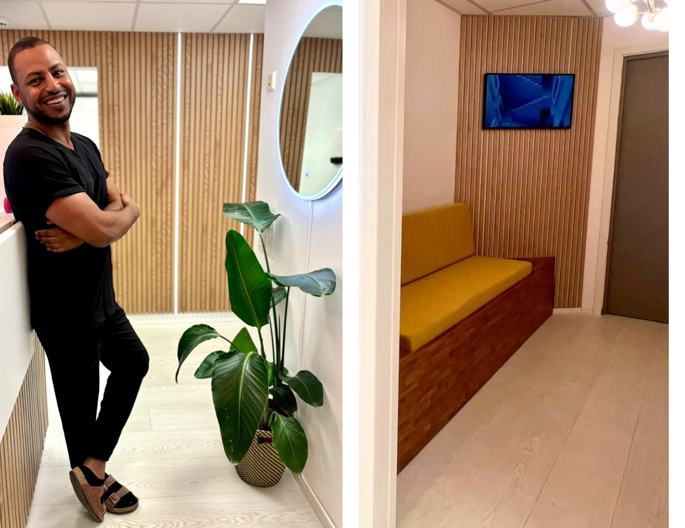 På bildet til venstre ser vi en smilende tannlege kledd i en sort uniform, som poserer i ventehallen hos Godtanna Løten Tannlegesenter. Bakgrunnen viser et rent og moderne interiør med trepanel og grønne planter. Til høyre er det et bilde av et ventehjørne med en benk med gult sete og en flatskjerm-TV, noe som tilbyr et komfortabelt og innbydende miljø for pasientene.