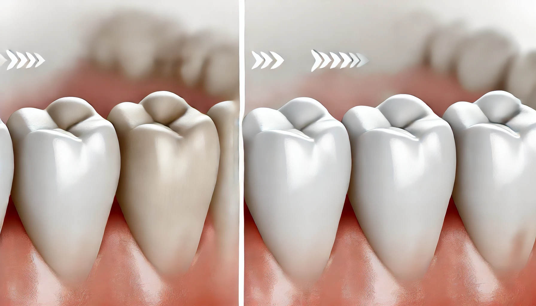 Realistisk illustrasjon av fordeler ved restaurering av slitte tenner, som forbedret styrke og utseende.