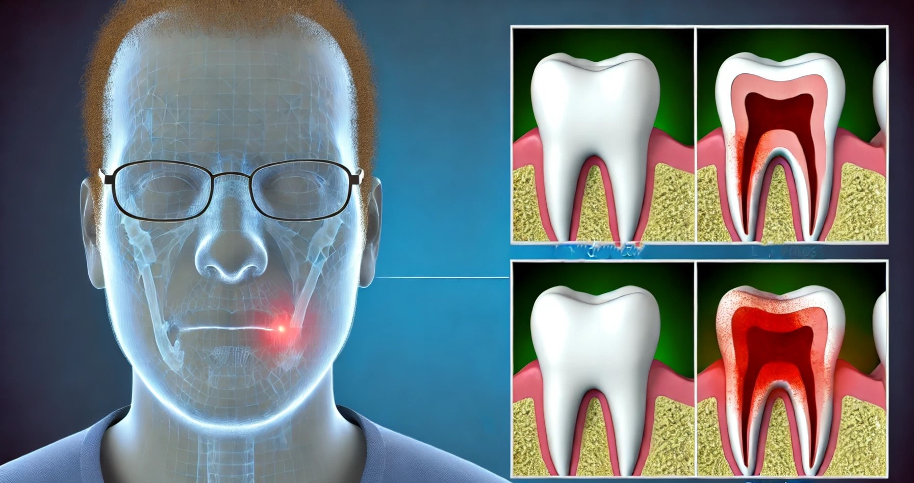 Illustrasjon av vanlige symptomer på periodontitt, inkludert betente tannkjøtt, tanntap og beintap.