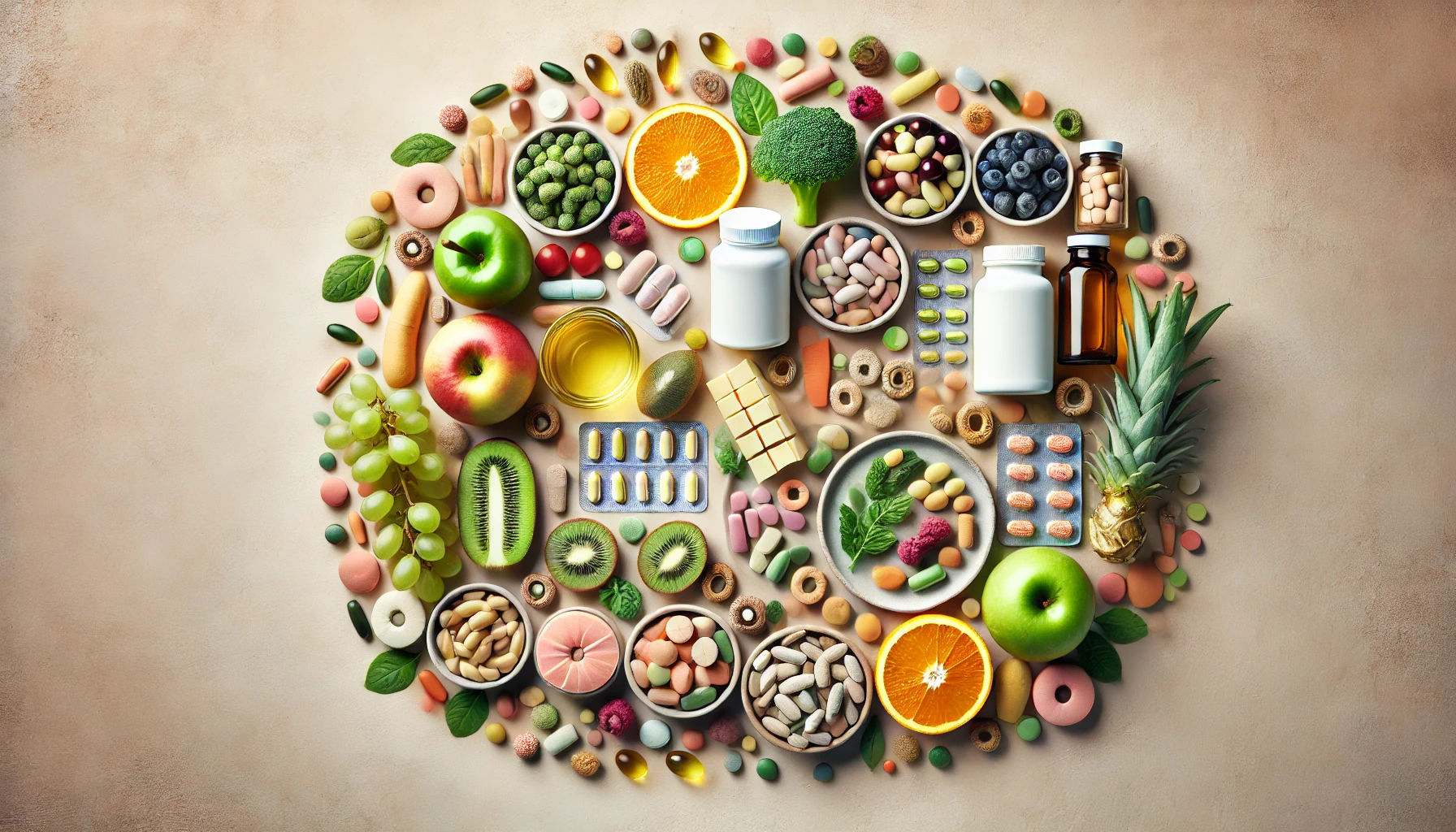 En vakker oppstilling av vitaminer og kosttilskudd, inkludert piller, kapsler og naturlige kilder som frukt og grønnsaker.