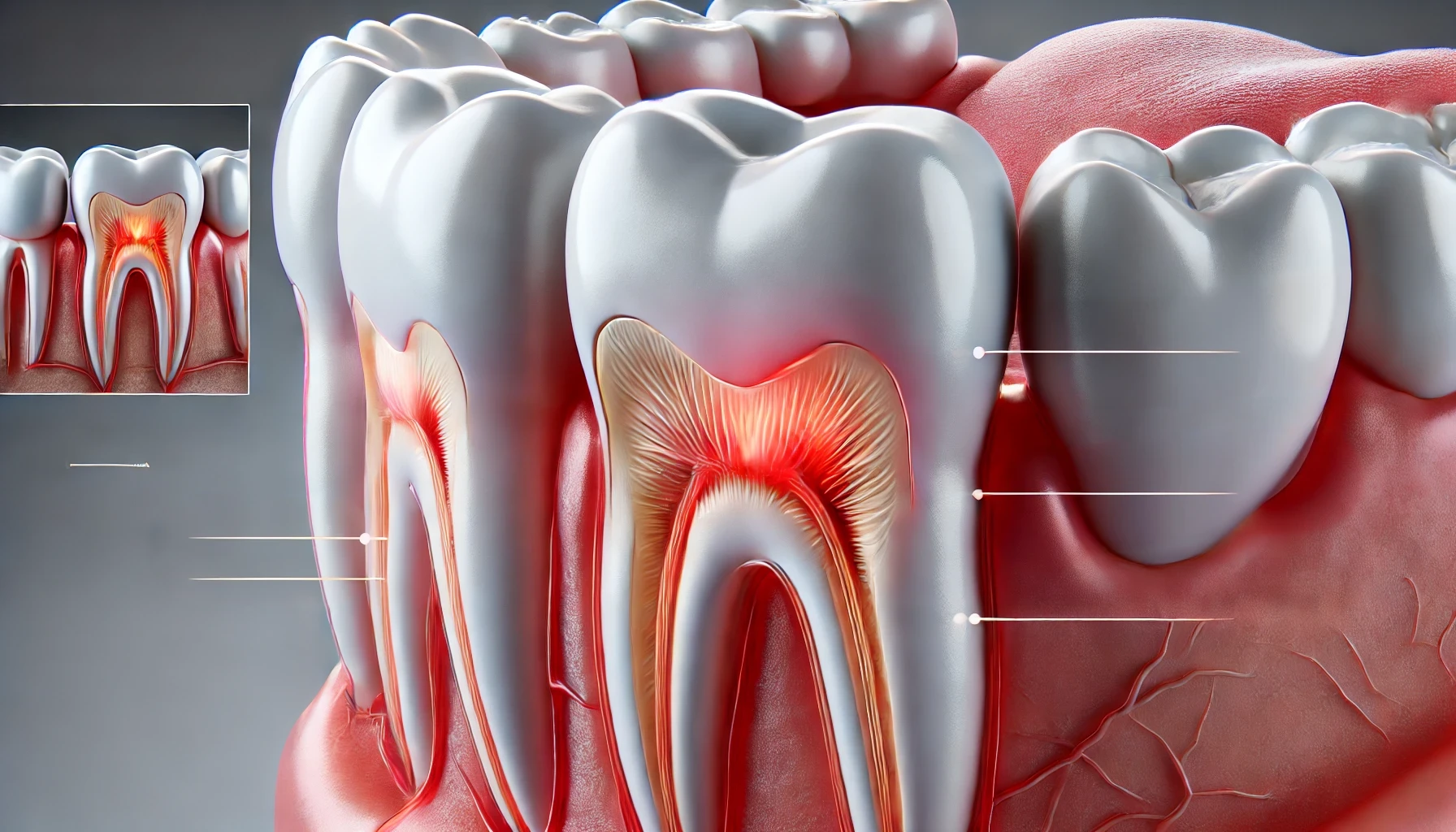 Tannmodell viser betennelse og trykk på tenner rundt en retinert tann.