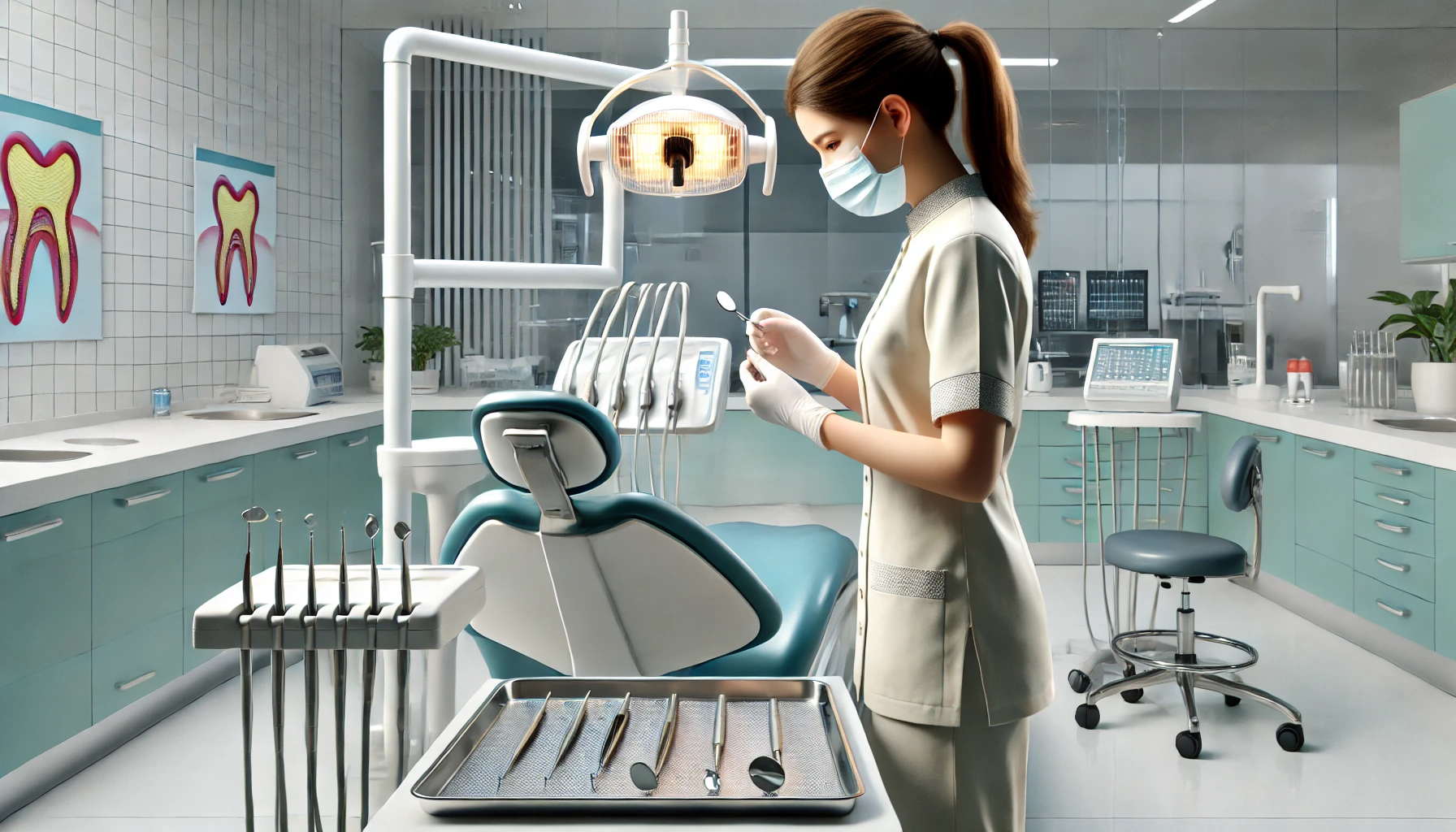 En ung tannpleierstudent arbeider konsentrert med dentalutstyr i en moderne klinikk.