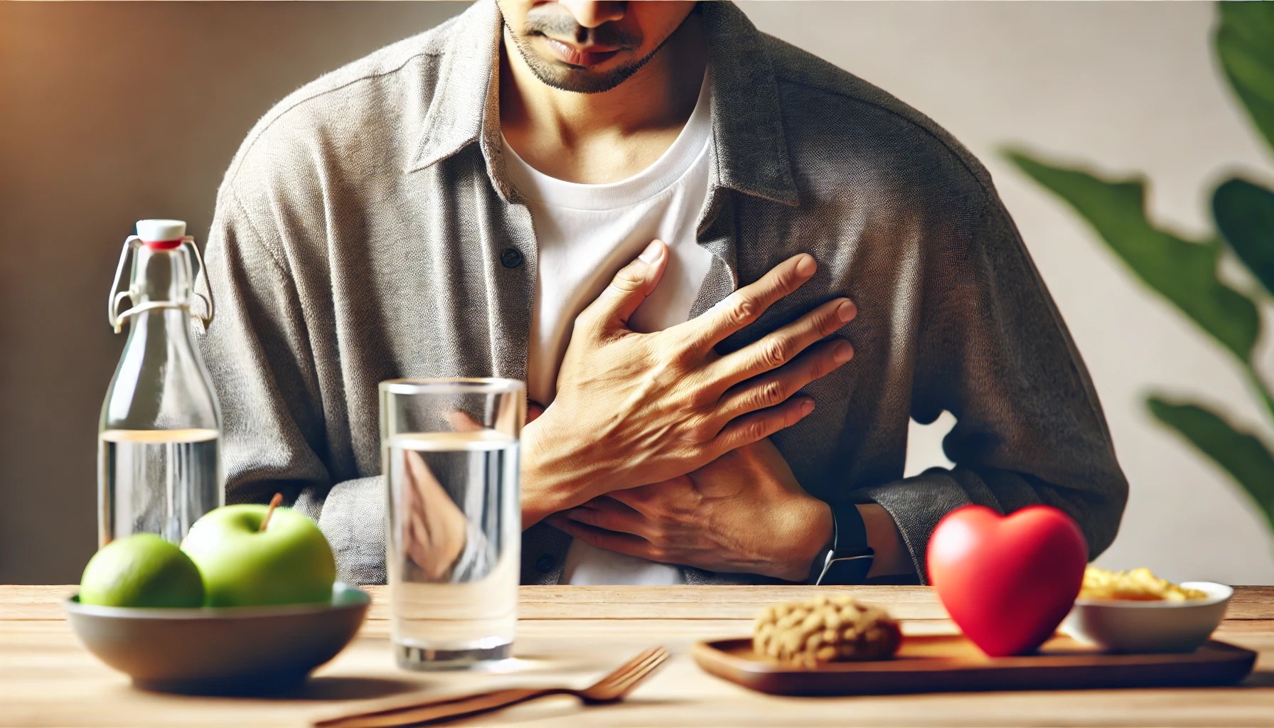 Person med refluksøsofagitt holder brystet og har et glass vann og sunn mat ved siden av, uten ord eller tekst i bildet.                                                          hos      gastroøsofageal refluks           nederst i spiserøret            gastroesophageal reflux disease