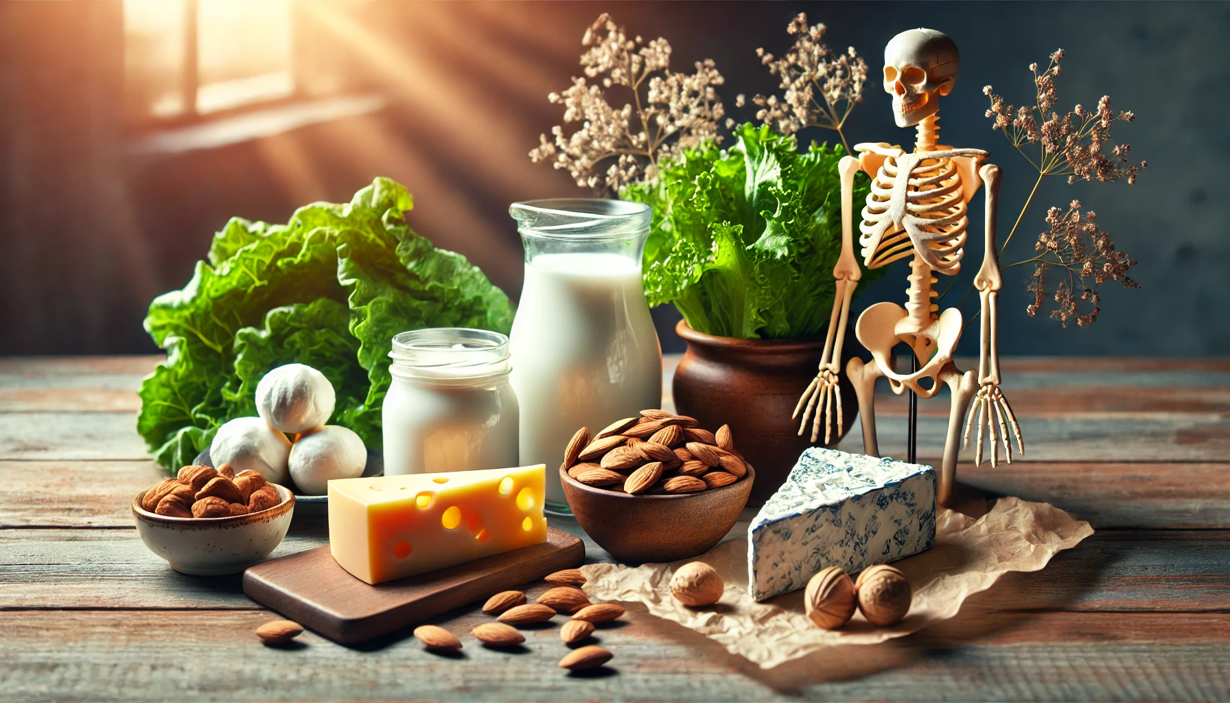 Kalsiumrike matvarer som melk, ost, mandler og grønnsaker vises med en beinmodell for å symbolisere benhelse.