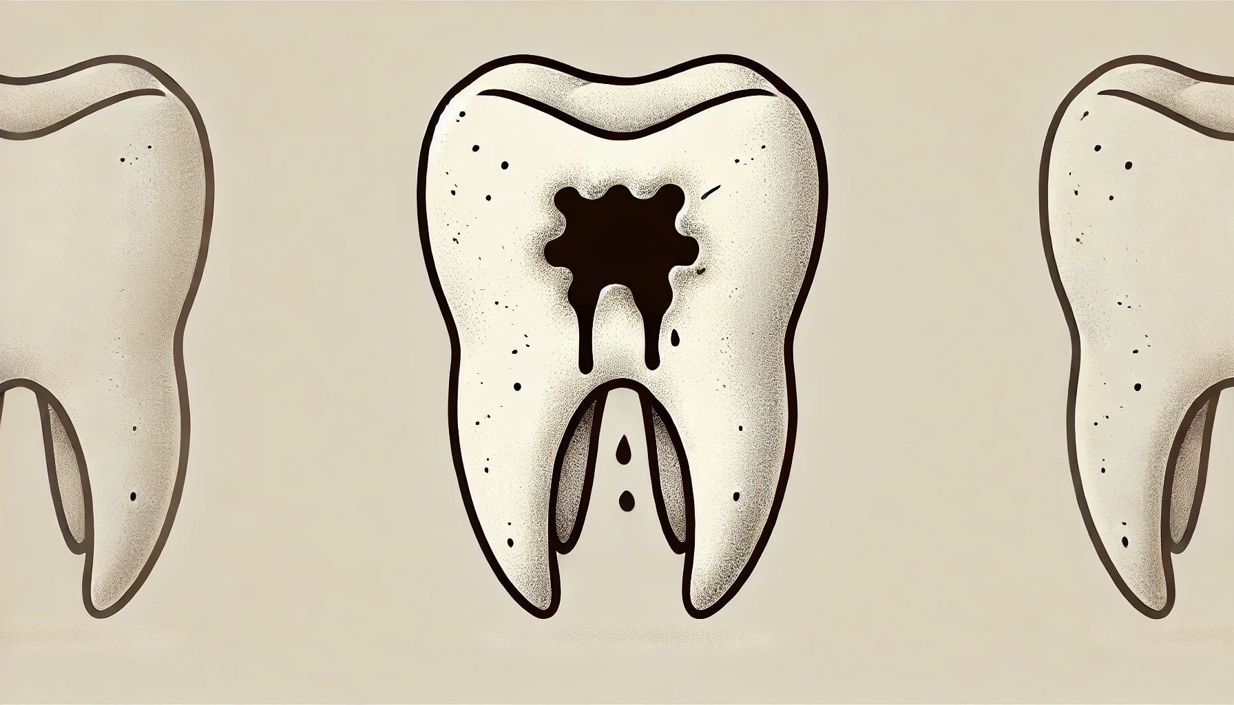"En enkel bilde av en tann med tidlige tegn på råte, som viser et lite hull og mørkne områder."