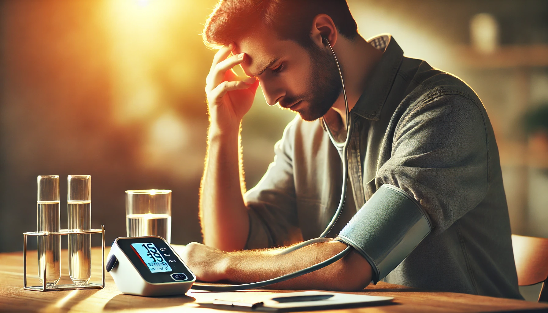 Person måler blodtrykket med digital monitor, holder hodet bekymret. Symboler på helsebevissthet som vann og notatbok.