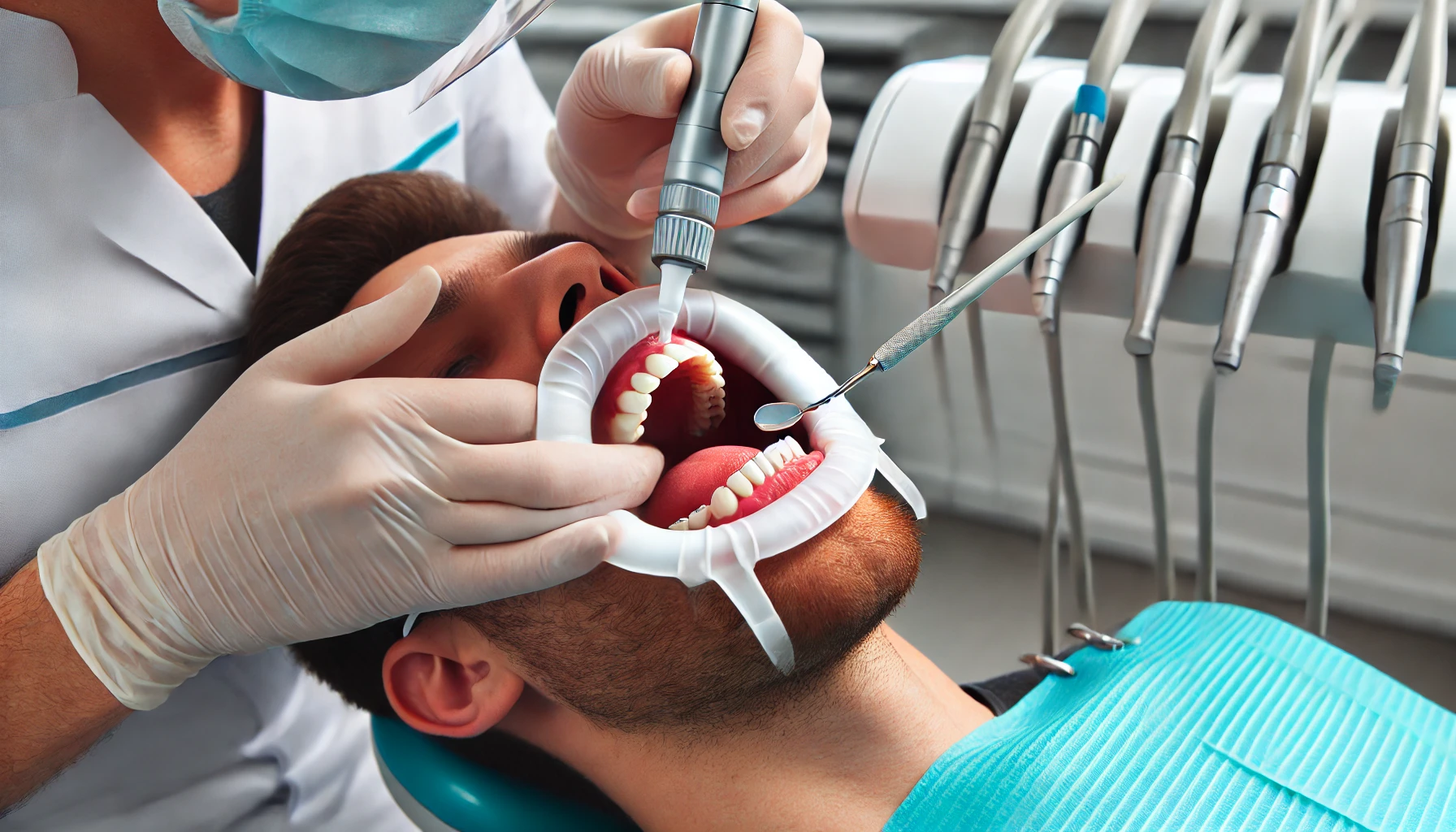 "En tannlegesituasjon der en pasient mottar fluorbehandling for å forebygge hull i tennene, uten tekst eller ord."