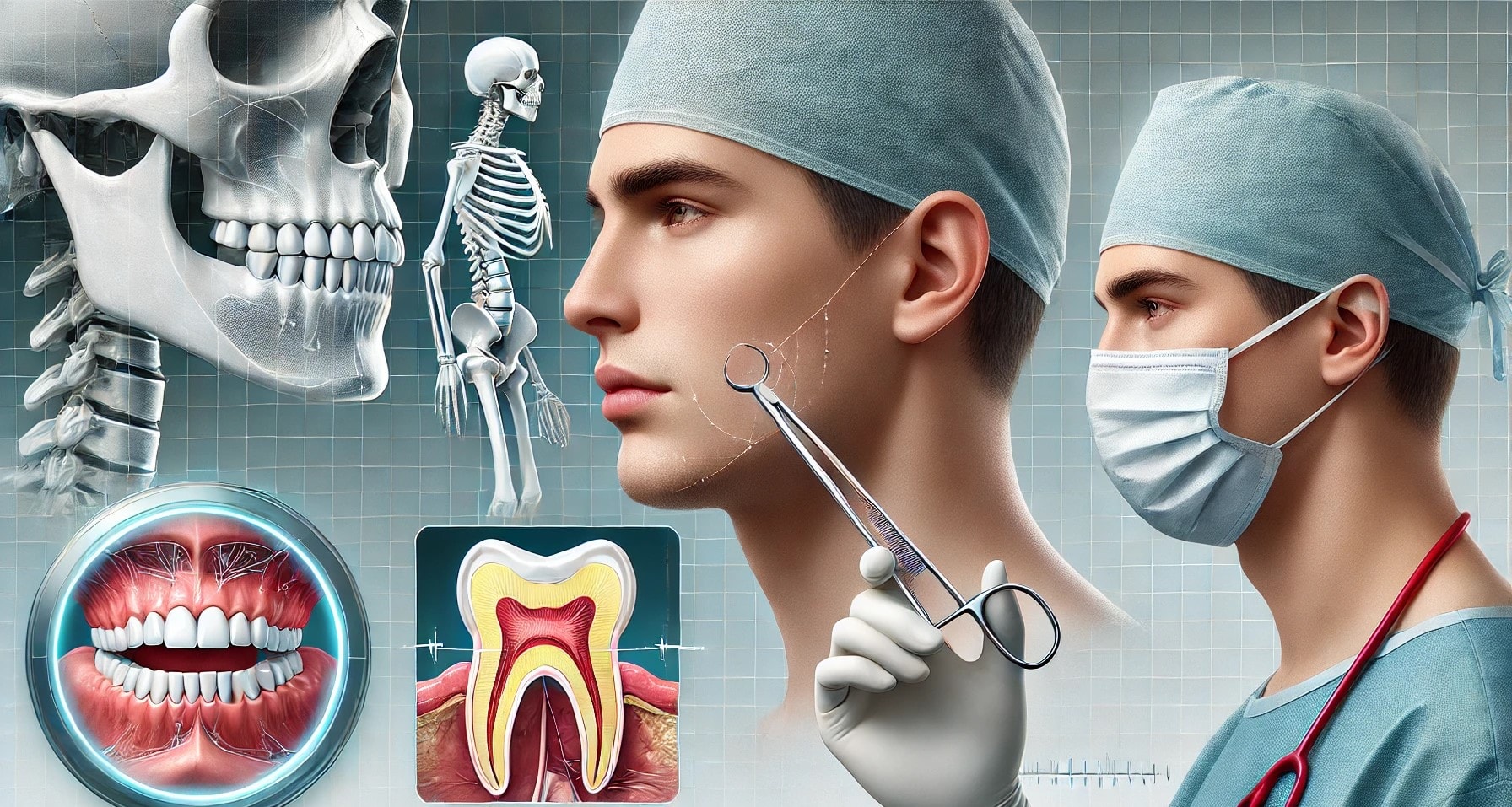 Illustrasjon av kjevekirurgi, inkludert en kirurg som forbereder en operasjon, røntgen av kjevefeil, og en pasient i restitusjon. avdeling poliklinikk behandlinger "